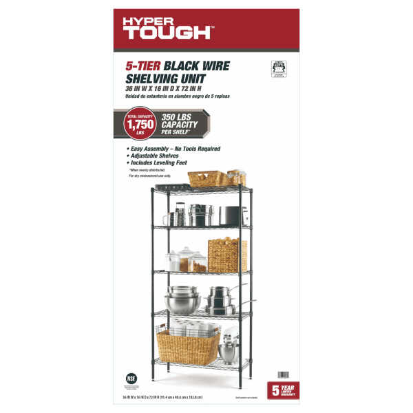 Hyper Tough 5-Tier Wire Storage Shelves, 36" W x 16" D x 72" H, 1750 lb Load Capacity, Black