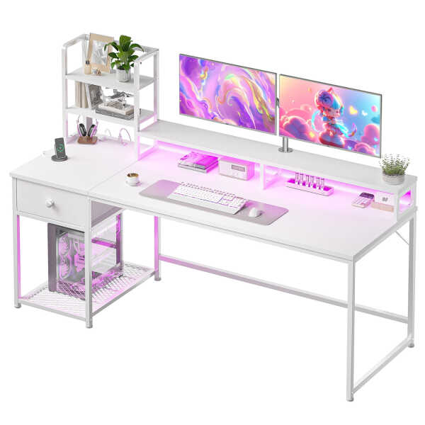 EnHomee 43.3" Gaming Desk with LED Lights & Power Outlets, Computer Desk with Drawers, Home Office Desks with Reversible Shelves
