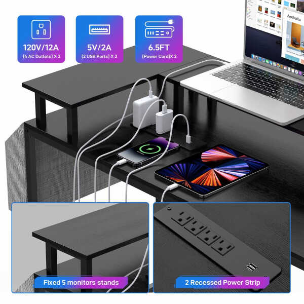 Towallmark Reversible 79" U Shaped Gaming Desk Office Corner Computer PC Home Desk With LED Light Strip Power Outlet Monitor
