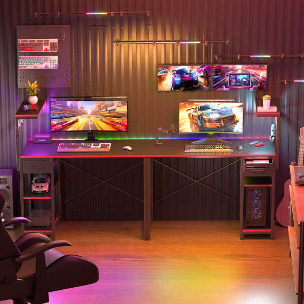 Eunon 44 inch Gaming Computer Desk with LED Lights, Reversible 4 Tier Storage Shelves & Drawer,Pink