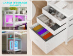 Enhomee L Shaped Desk, Gaming Desks with Power Outlet & LED Light Computer Deskwith Drawers & Storage Shelves Black
