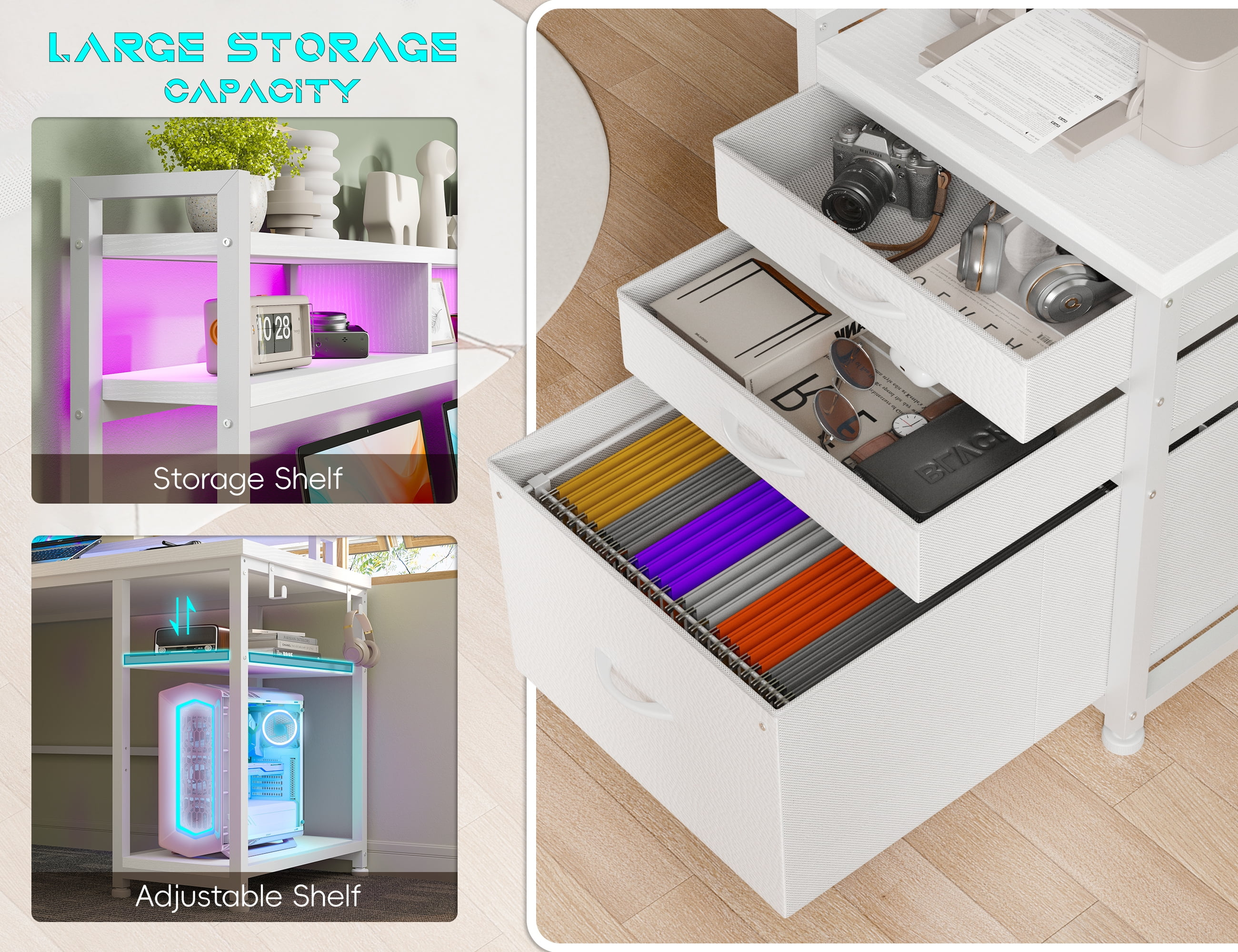 Enhomee L Shaped Desk, Gaming Desks with Power Outlet & LED Light Computer Deskwith Drawers & Storage Shelves Black