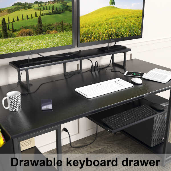 53" Gaming Desk with LED Lights & Power Outlets, Modern Computer Desk with Monitor Stand & Storage Sheves for Home Office, Black
