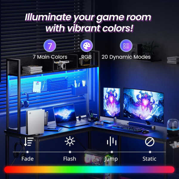 Gaming Desk Computer Desk with Storage, L Shaped Desk with Power Outlet & LED Strip, Office Desk with Pegboard, Corner Deck for