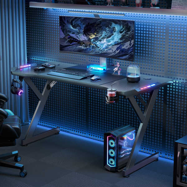 HLDIRECT 40 inch Gaming Desk with LED, Ergonomic Computer Table for Adult and Teen, Black