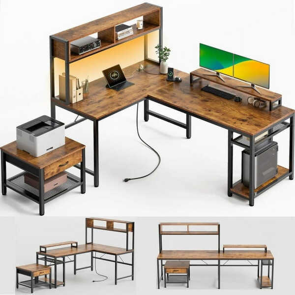 CHITOOMA 67 Inch Reversible L-Shaped Computer Desk Gaming Desk with Power Outlets,USB Ports,LED Strip,Storage Shelves & Monitor