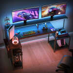 Eunon 71 inch L-Shaped Gaming Desk with Power Outlets LED Computer Office Table with Monitor Stand & Storage Shelf
