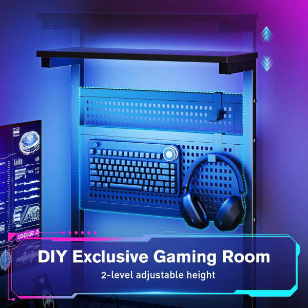 Upgo L Shaped 47" Gaming Desk with LED Lights & Adjustable Stand, Power Outlets & Storage Drawer for Adult and Teen