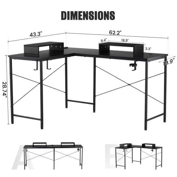 GTRACING L-Shaped Gaming Desk with RGB Light and Removable Storage Stands, Black