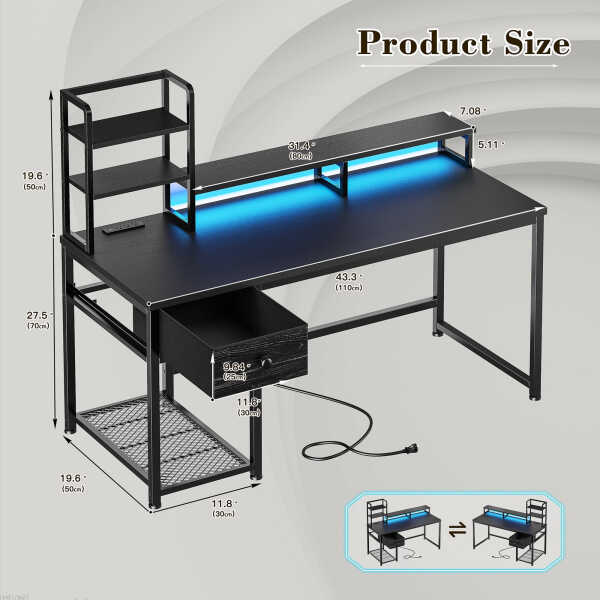 EnHomee 43.3" Gaming Desk with LED Lights & Power Outlets, Computer Desk with Drawers, Home Office Desks with Reversible Shelves