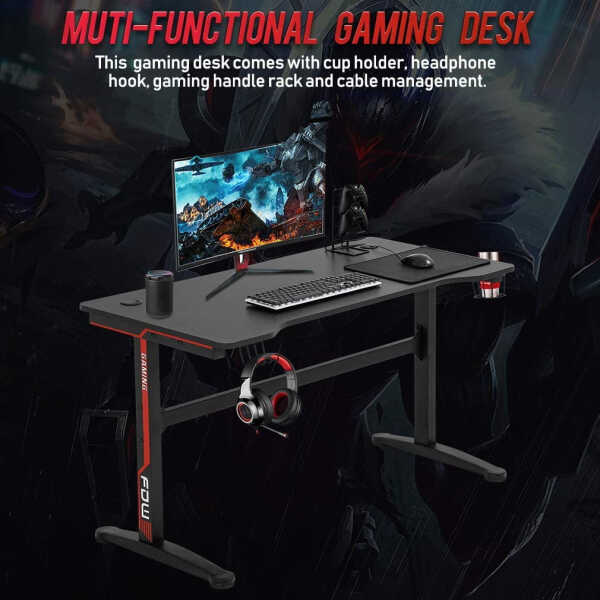 BestOffice Gaming Desk Modern Adult Ergonomic Desk with Cup Holder and Headphone Hook, Red