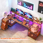 Enhomee 70.9" L Shaped Gaming Desk, Computer Desk with Power Outlet & LED Light, Home Office Desks with Drawers, Black