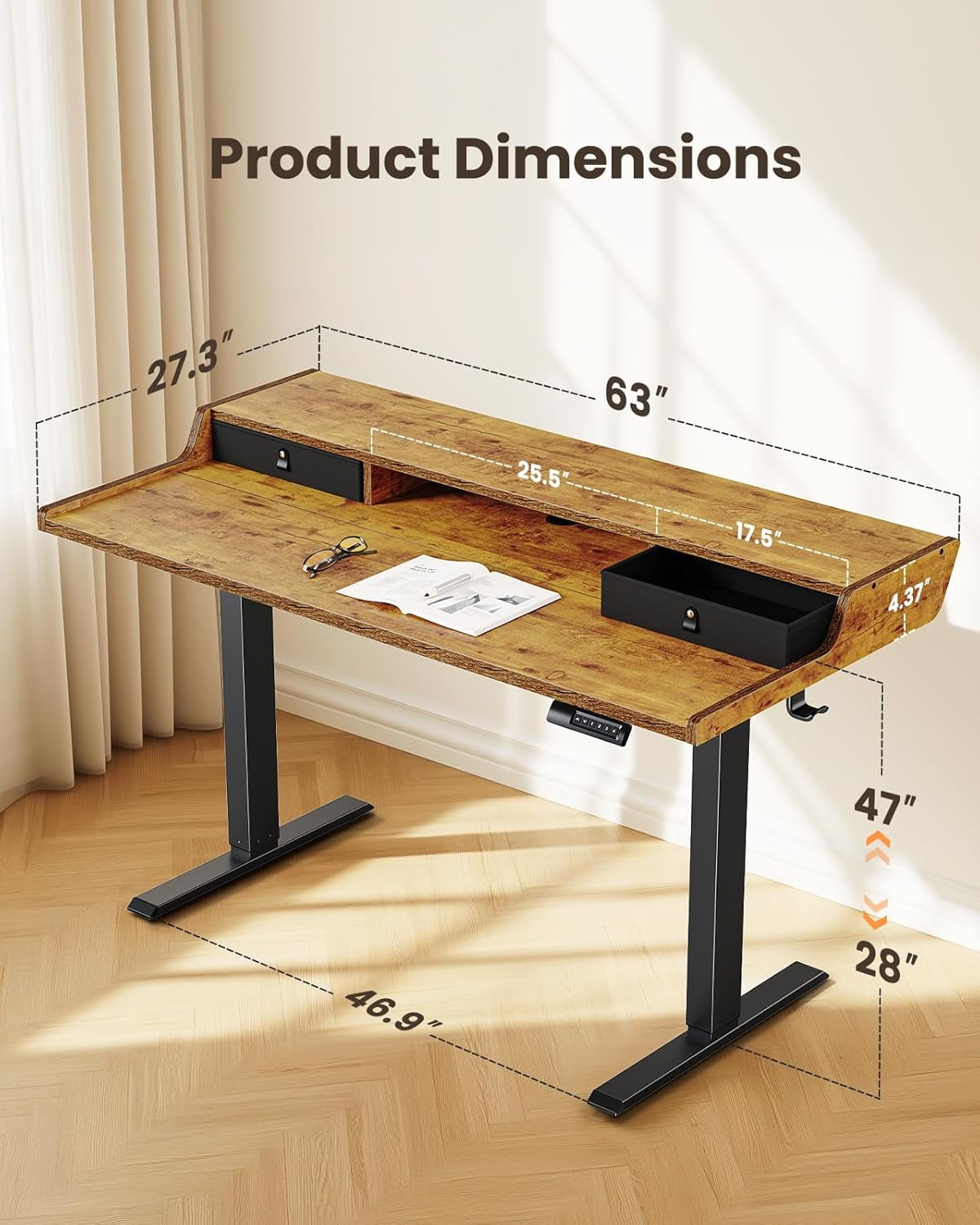 CHITOOMA 63&Prime x 28&Prime Electric Standing Desk with Drawers, Height Adjustable Gaming Desk with Monitor Stand & Storage