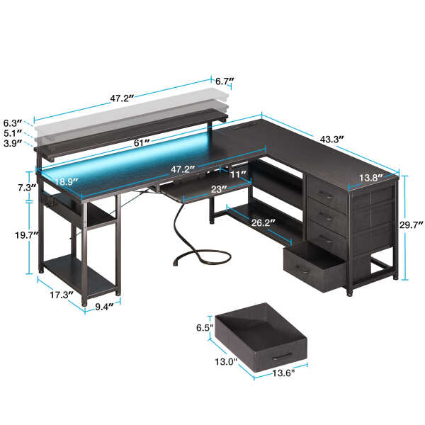 KKL 61 inch L Shaped Gaming Desk with 4 Drawers & Power Outlets, Home Office Desk with Adjustable Heights Monitor Stand &