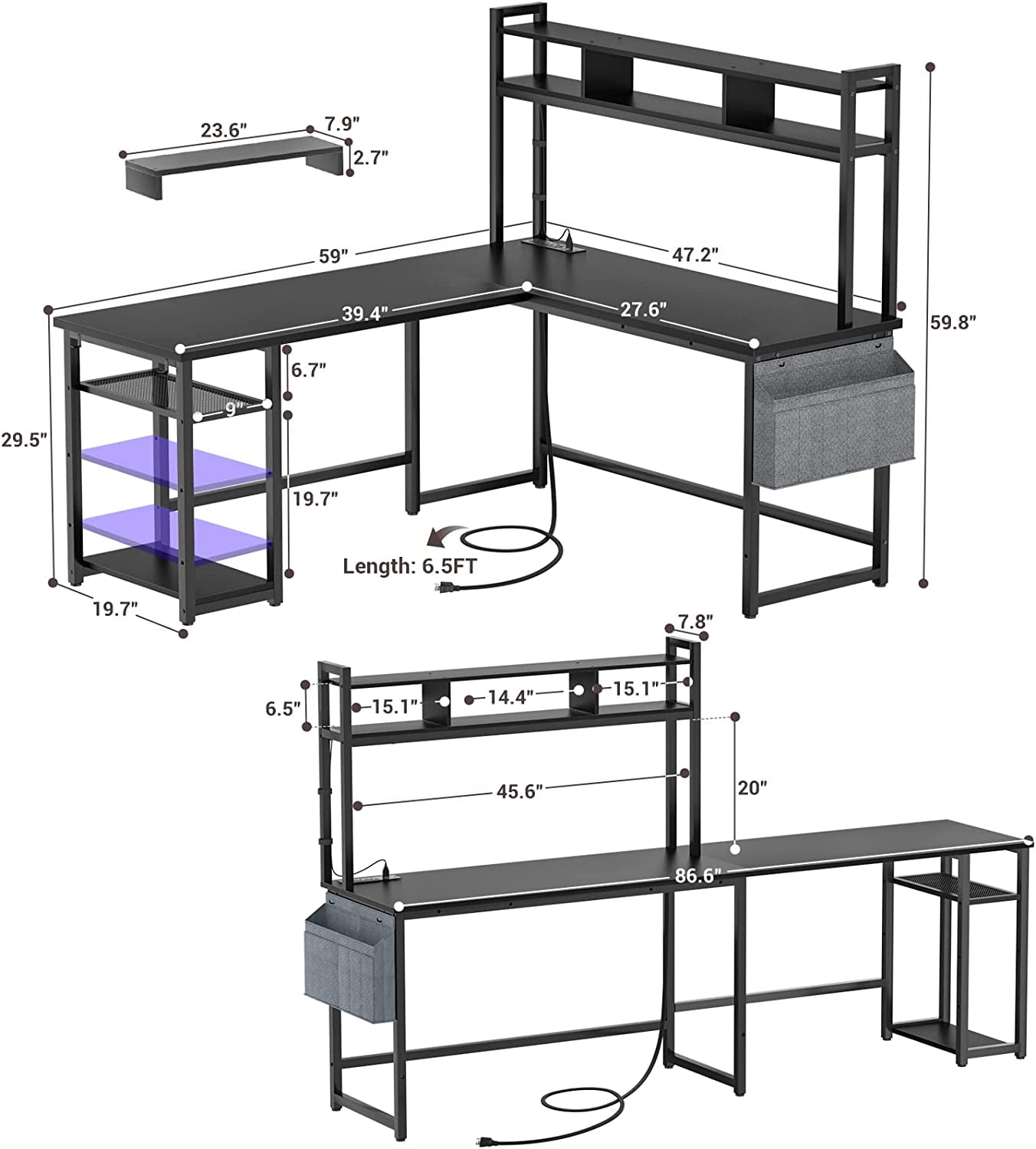Homieasy L Shaped Desk with Power Outlet & USB Ports, 86.6'' Reversible L-Shaped Gaming Desk with Monitor Stand & LED Strip, 2