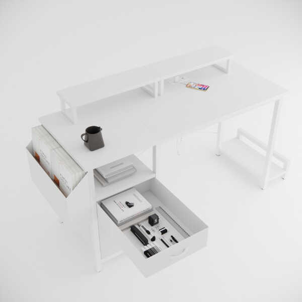 47" Office Desk with Power Outlet, 2 Monitor Stands, 2 Drawers, Side Pocket, Easy to Assemble, Frame stability Reversible, Use