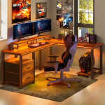 66" L Shaped Computer Desk with Power Outlets, Gaming Desk with Shelf and Drawers for Home Office, Retro Brown