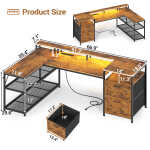 67" L Shaped Desk with Drawers, Computer Office Desk with Storage Shelves & Power Outlet, Reversible Gaming Desk with LED Lights