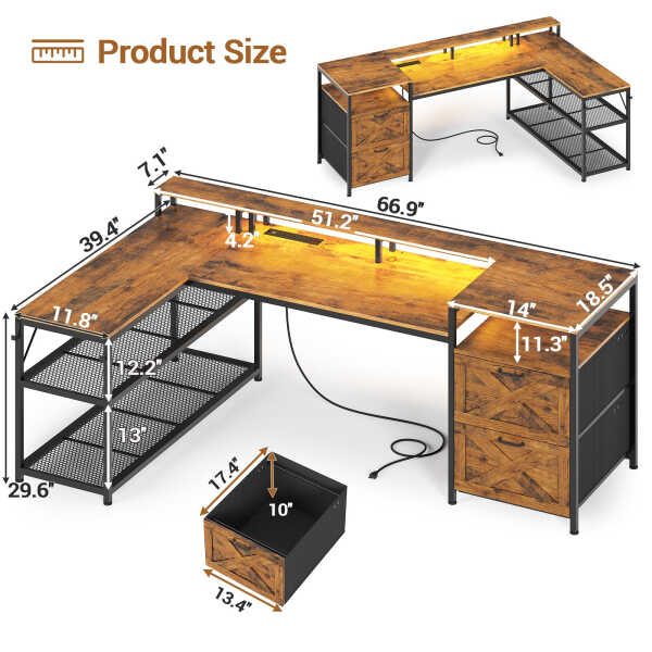 67" L Shaped Desk with Drawers, Computer Office Desk with Storage Shelves & Power Outlet, Reversible Gaming Desk with LED Lights