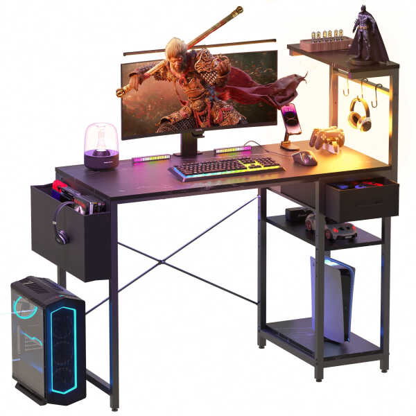 Eunon 44 inch Gaming Computer Desk with LED Lights, Reversible 4 Tier Storage Shelves & Drawer,Pink