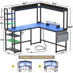 Homieasy L Shaped Desk with Power Outlet and LED lights, Reversible Corner Computer Desk with Hutch and Storage Shelf, Ergonomic