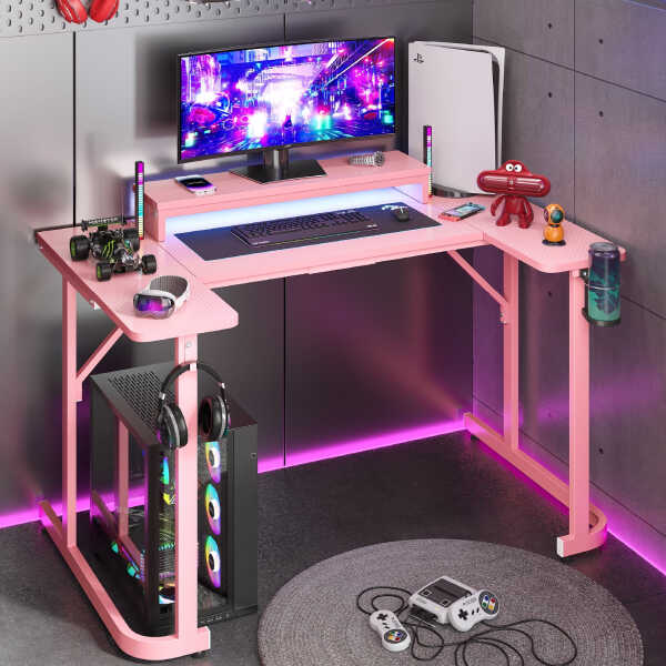 Bestier 51 inch Gaming Desk with LED Lights, U-Shaped Computer Desk with Monitor Stand, Hooks and Cup Holder, Home Office Desk,
