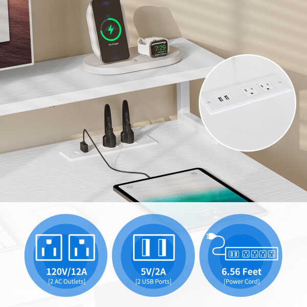 Dextrus 47 inch Computer Desk with Storage Drawers & LED Light, Office Desk with Monitor Stand & Power Outlets, Work Study PC