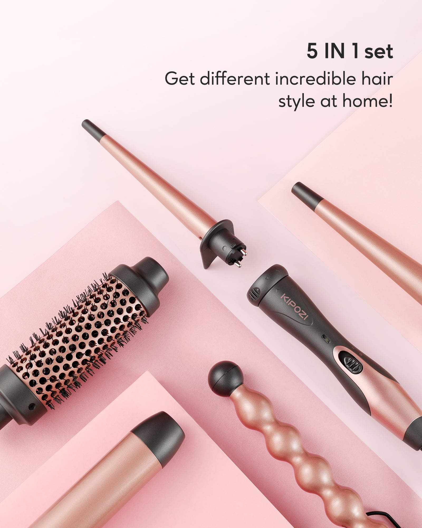 KIPOZI 5 in 1 Curling Iron Wand Set Hair Wand, Instant Heating, with 4 Ceramic Barrels and 1 Curling Iron Brush