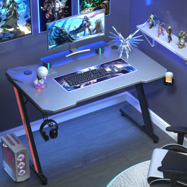 Homall 44 Inches Z-Shaped Gaming Desk Carbon Fiber Surface Desk with Cup Holder & Headphone Hook, Black