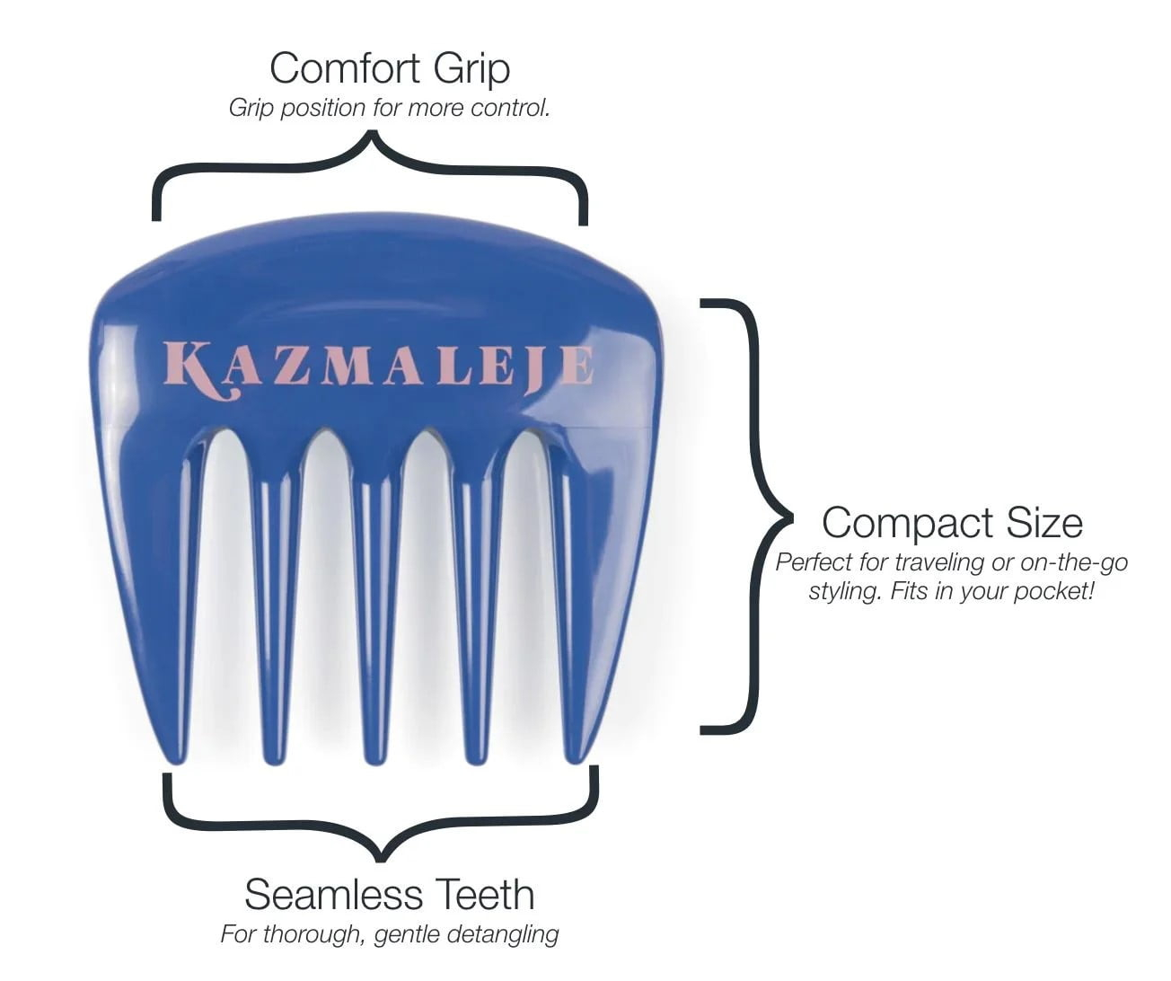 KAZMALEJE Kurls Plus Wide Tooth Pick Hair Comb, Cobalt