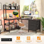 iSunirm L Shaped Gaming Desk with Storage, Computer Gaming Desk with LED Lights & Hutch, Reversible Computer Desk with Power