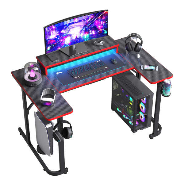 Bestier 51 inch Gaming Desk with LED Lights, U-Shaped Computer Desk with Monitor Stand, Hooks and Cup Holder, Home Office Desk,