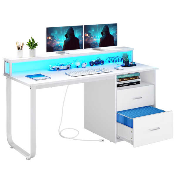 Dextrus 47 inch Computer Desk with Storage Drawers & LED Light, Office Desk with Monitor Stand & Power Outlets, Work Study PC