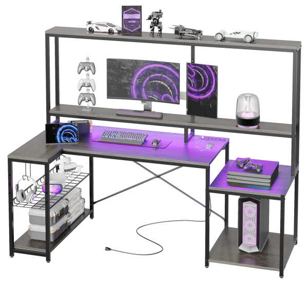 Bestier 71.5 inch Gaming Desk with LED Lights & Power Outlet, L Shaped Computer Desk with Hutch & Adjustable Shelves, Pink 3D