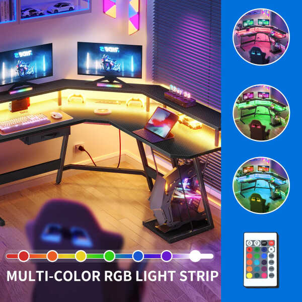 Dextrus L-Shaped Gaming Desk with Large Monitor Riser Stand, Corner Computer Desk with LED & Power Outlets, Carbon Corner Desk