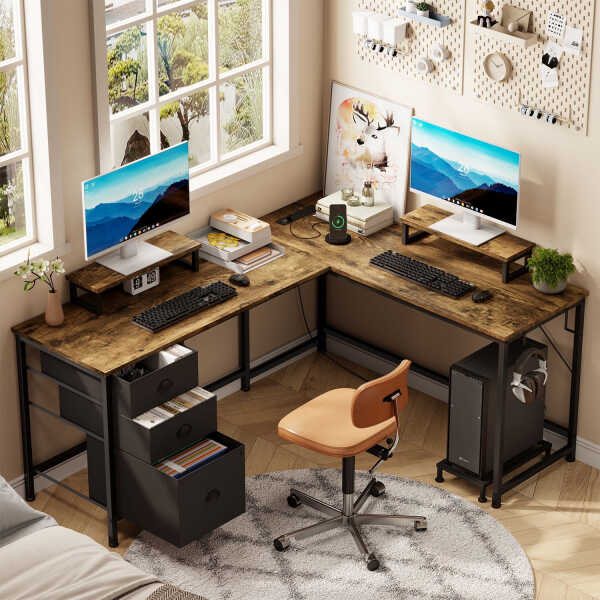 GIKPAL L Shaped Computer Desk, Reversible Gaming Desk with Drawers, Corner Desk with Storage Shelves & Monitor Stand, Home