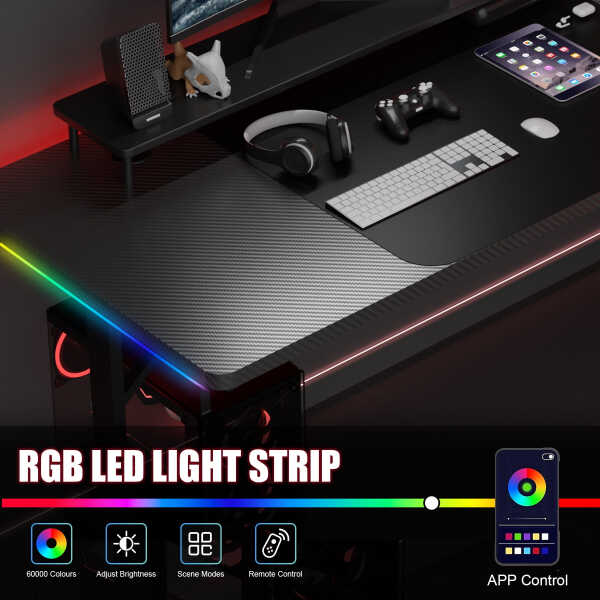 GTRACING 55" Large RGB Sturdy Gaming Desk with Mouse Pad T-Shaped Office Chair Computer Desk Spacious Work Surface Table, Black