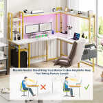 Homieasy L Shaped Desk with Power Outlet and LED lights, Reversible Corner Computer Desk with Hutch and Storage Shelf, Ergonomic