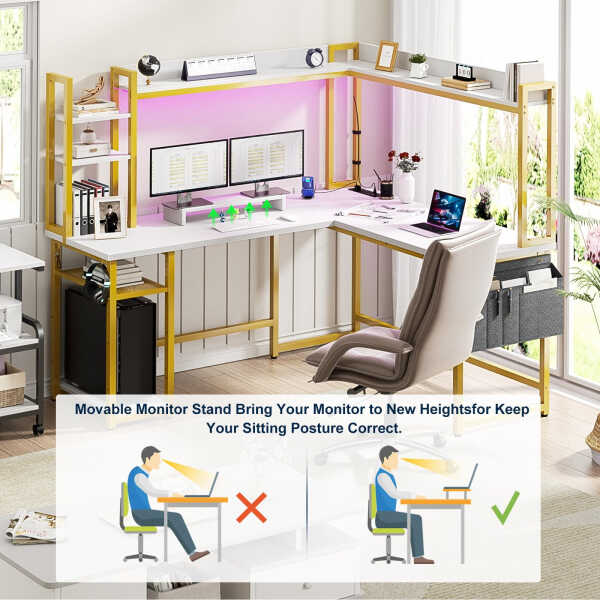 Homieasy L Shaped Desk with Power Outlet and LED lights, Reversible Corner Computer Desk with Hutch and Storage Shelf, Ergonomic