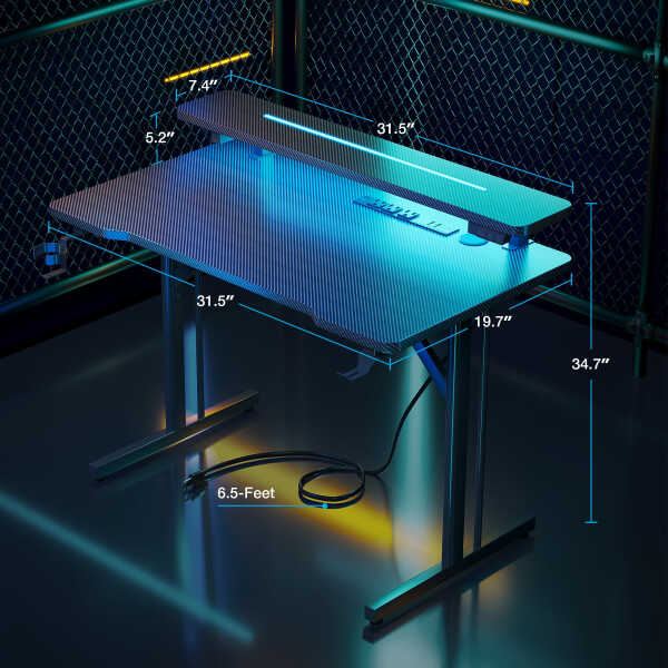 31 inch Small Gaming Desk with Power Outlets & LED Lights, Computer Desk Gaming Table with Monitor Shelf, Gamer Desk with Carbon