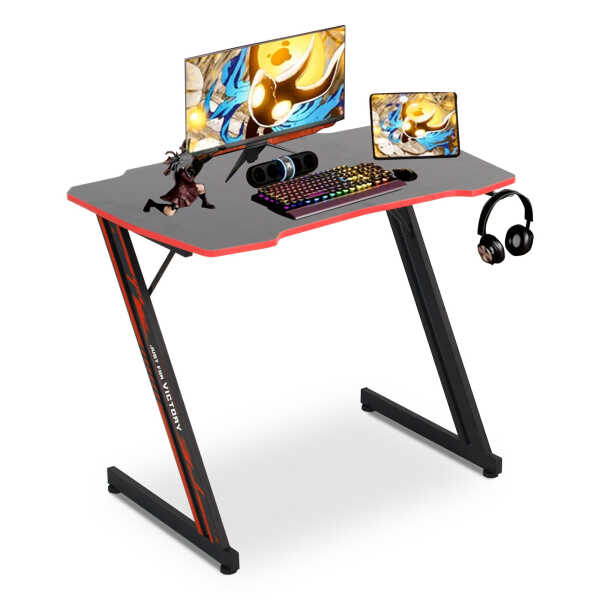 YRLLENSDAN Gaming Collection Z-Shaped Desk with Headphone Hook and Adjustable Feet, Blue