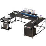 DWVO L Shaped Desk with Power Outlets & LED Lights, Reversible Computer Desk with Drawers & Storage Shelves, Large U Shaped