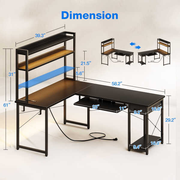 59" Reversible L-Shaped Gaming Desk with Power Outlets & LED Lights, Office Desk with Storage Drawer & Keyboard Tray for Home