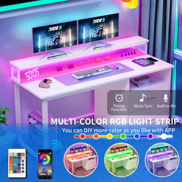 Dextrus 47 inch Computer Desk with Storage Drawers & LED Light, Office Desk with Monitor Stand & Power Outlets, Work Study PC