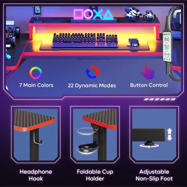 Bestier 51 inch Gaming Desk with LED Lights, U-Shaped Computer Desk with Monitor Stand, Hooks and Cup Holder, Home Office Desk,