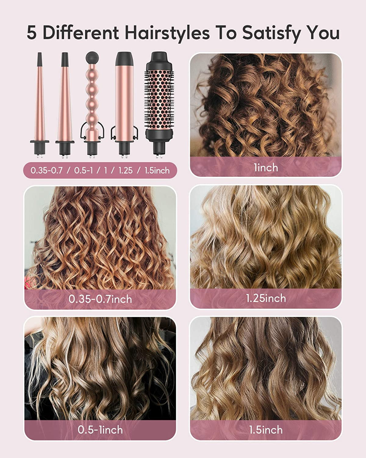 KIPOZI 5 in 1 Curling Iron Wand Set Hair Wand, Instant Heating, with 4 Ceramic Barrels and 1 Curling Iron Brush