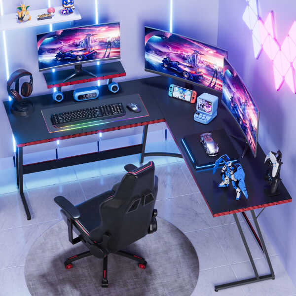 Vineego 51-inch L-Shaped Gaming Desk with Carbon Fiber Corner Computer Desk with Monitor Stand,Black