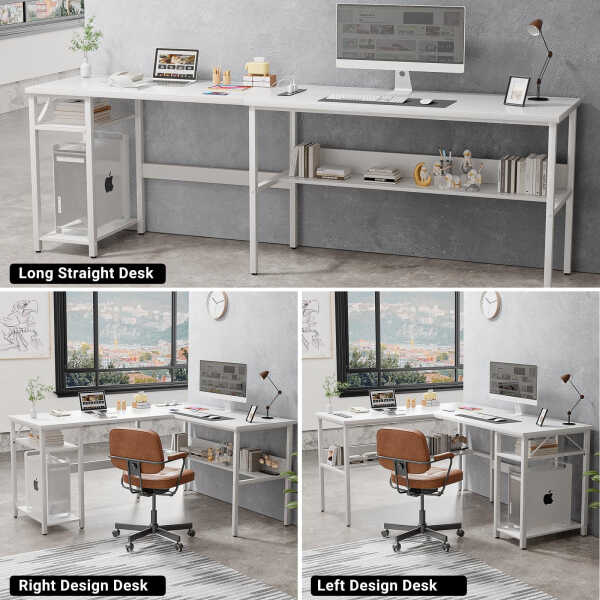 Homieasy Reversible L Shaped Desk with Magic Power Outlets and USB Charging Ports, Sturdy Corner Computer Desk with Storage
