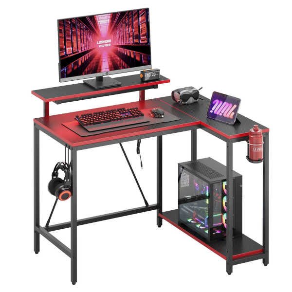 Pinmoco 42" Reversible L-Shaped Gaming Desk with Monitor Stand, LED Lights& Headset Hooks, Home Office, Carbon Fiber Black