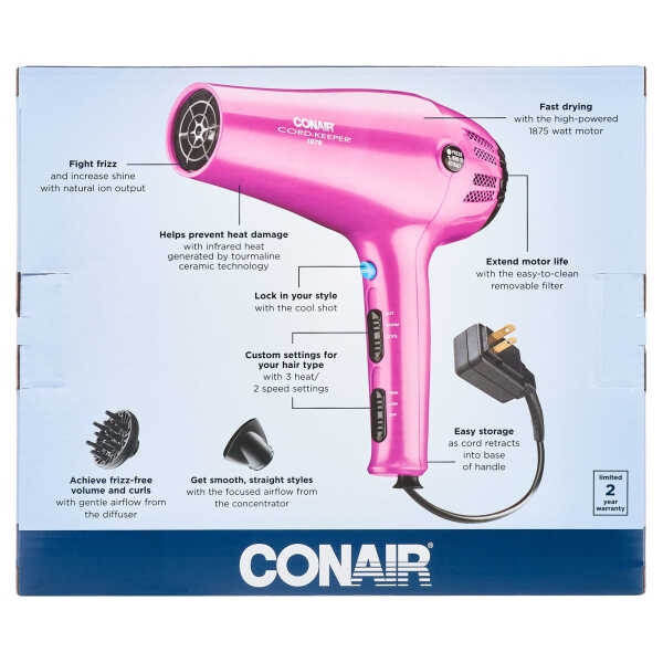 Conair 1875 Watt Cord-Keeper Hair Dryer with Ionic Conditioning, Pink